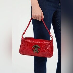 Roberto cavalli Red Croc-Embossed Shoulder Bag With Mirror Snake